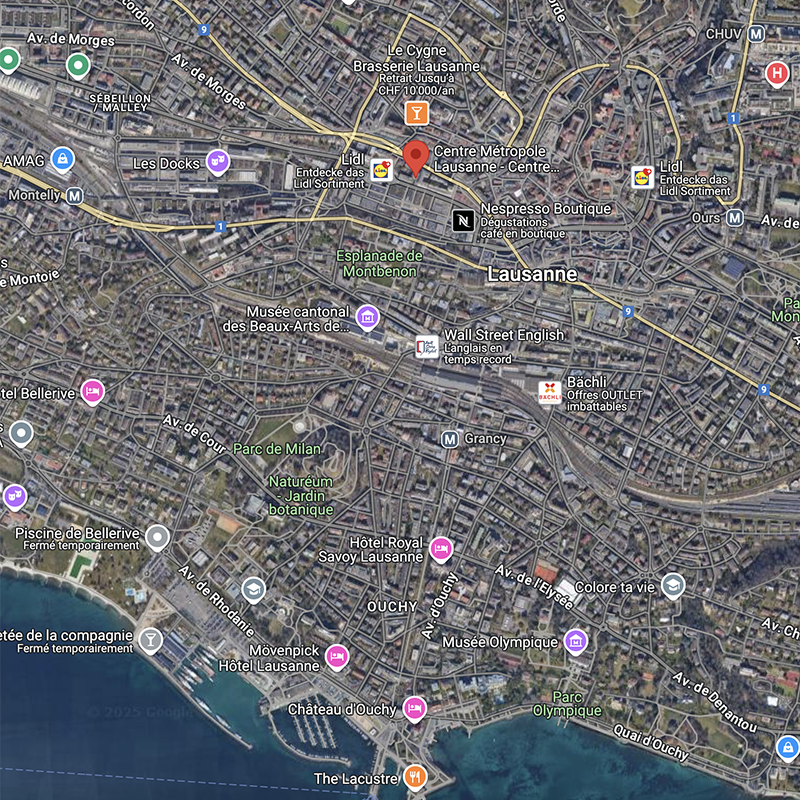 Carte de lausanne avec un repère placé sur le centre metropole lausanne